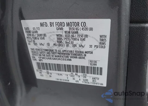 2012 Ford Escape Limited z USA, uszkodzony, nr VIN 1FMCU0EG0CKC03398